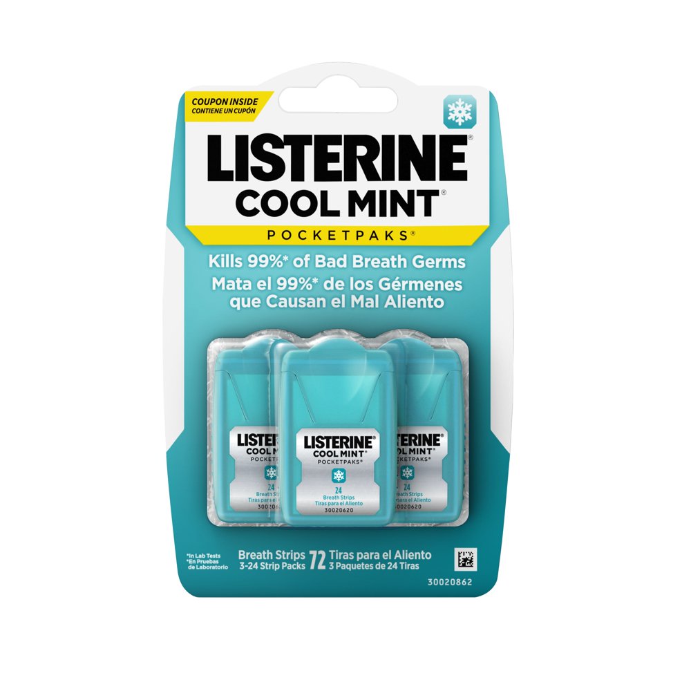 Listerine Cool Mint Pocketpaks Fresh Breath Strips 3-24-strip pk, 72 Strips